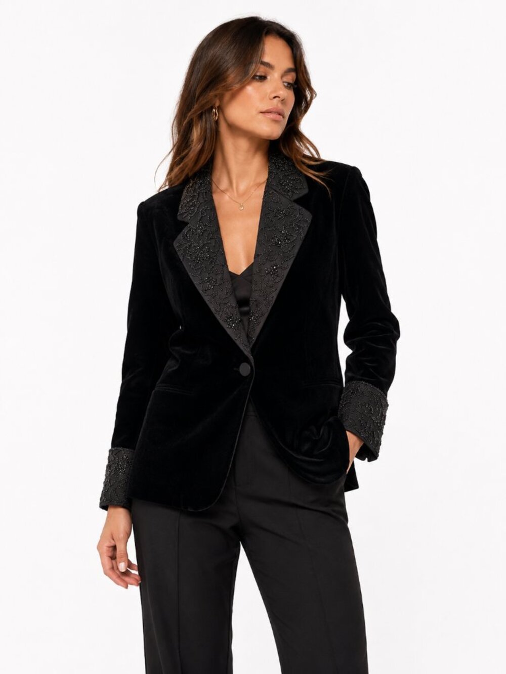 BLACK TIE OLEG CASSINI Black‎ Velvet Beaded Collar Cuff Blazer Jacket Size 8